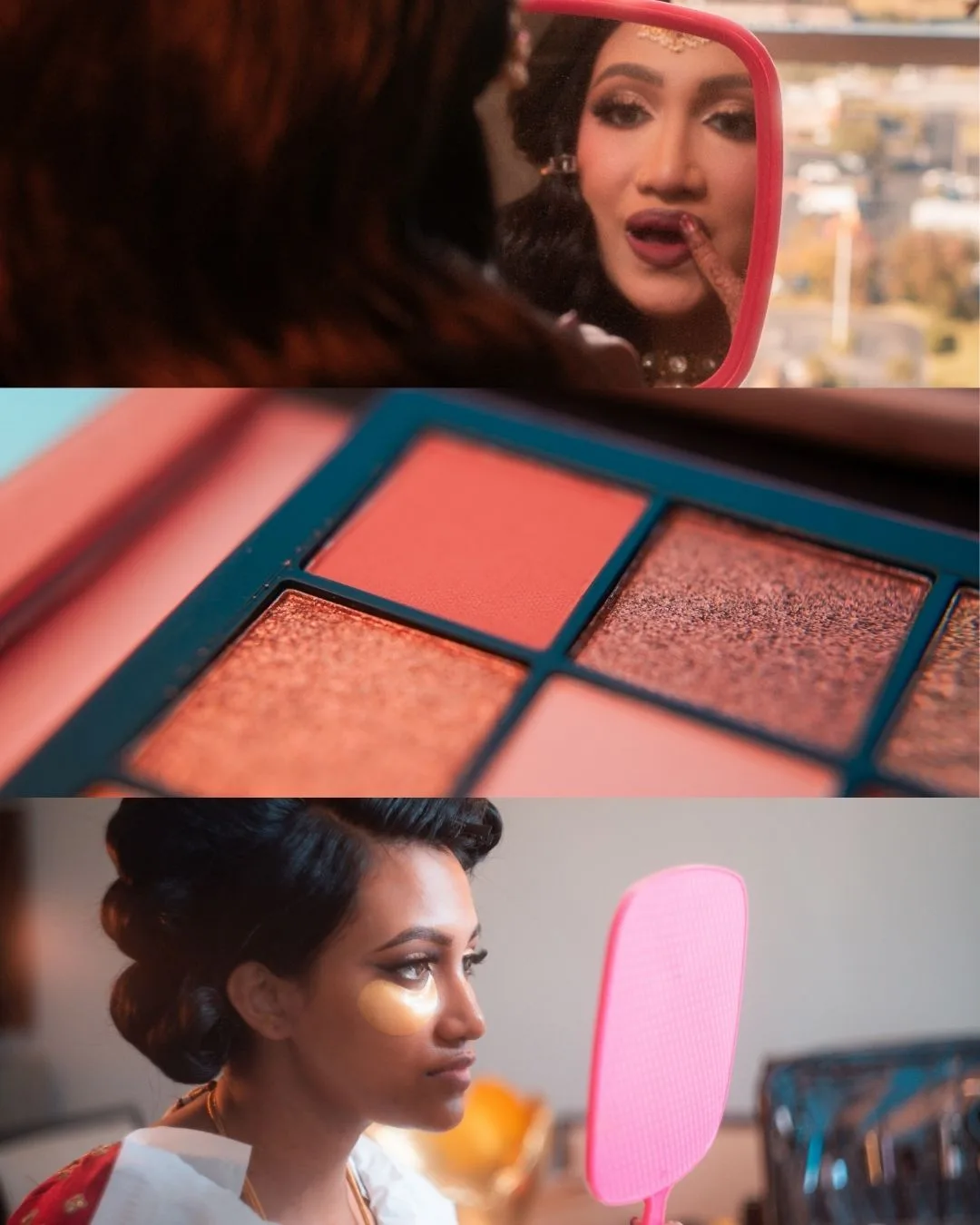 Three getting-ready frames: the bride checking her lipstick in a hand mirror, a close-up of an eyeshadow palette, and her in profile mid-makeup.