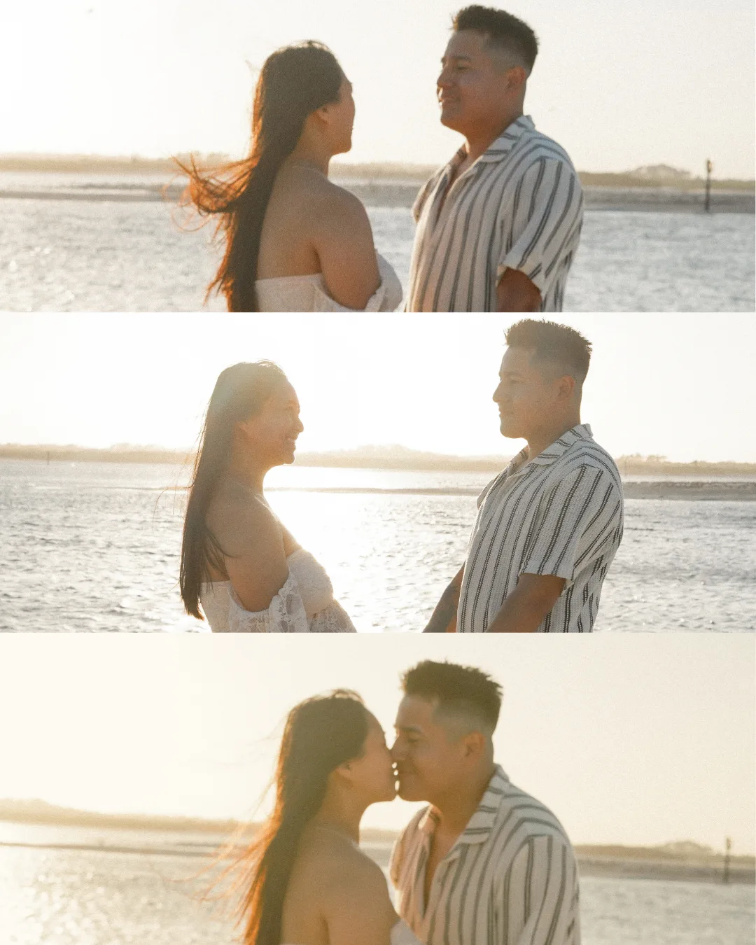 Three frames of an expecting couple on a beach at sunset, facing each other, laughing, then kissing.