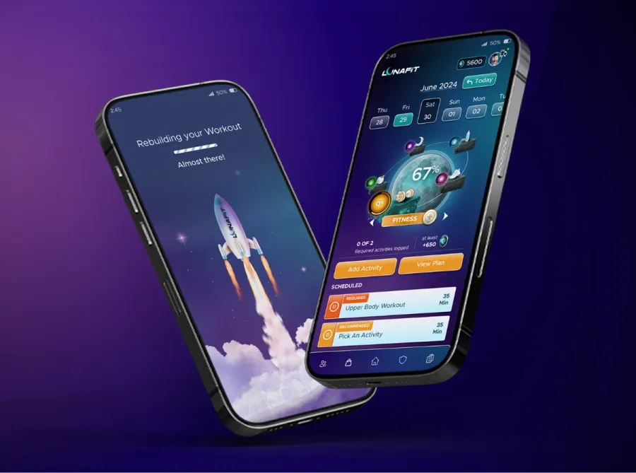 LunaFit's adaptive AI coach on two phones — a workout rebuild in progress, and a daily dashboard showing 67% completion with scheduled activities.
